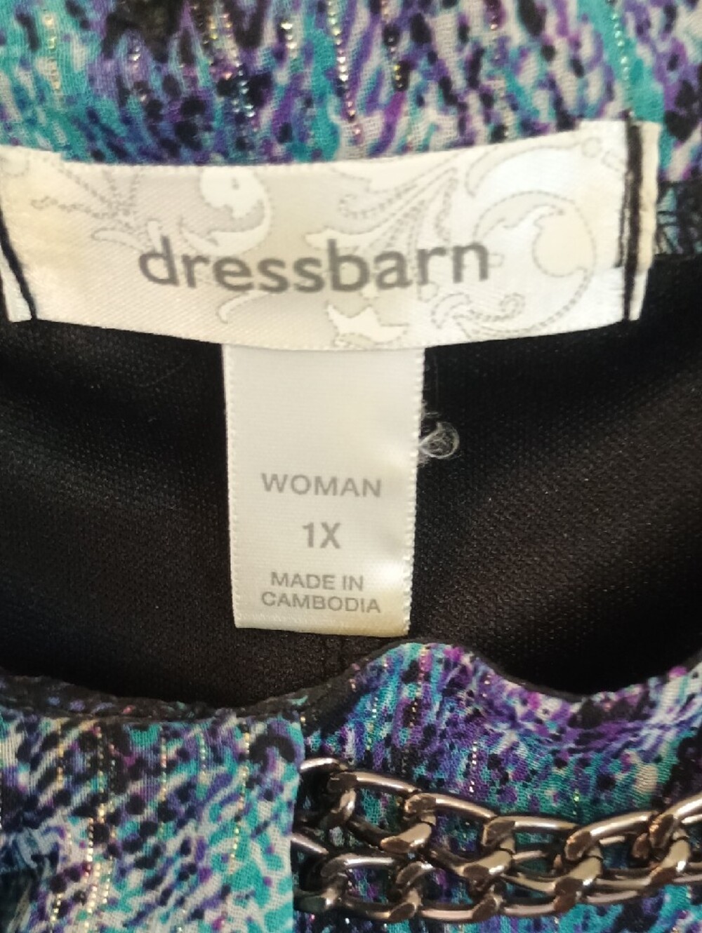 dressbarn Teal & Purple Chain-Trim Flutter Sleeve Blouse - Picture 2 of 9